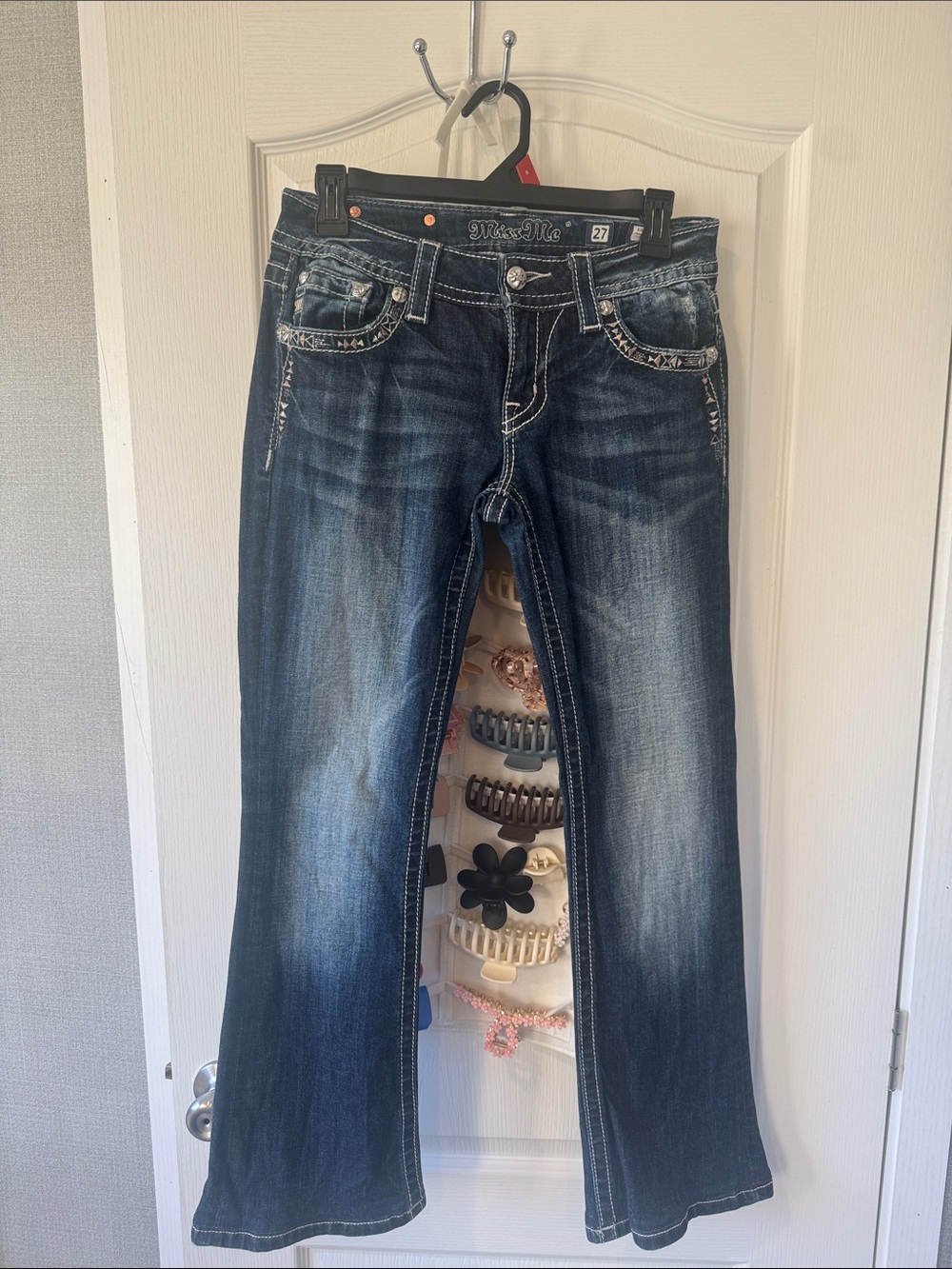 Miss Me Dark Blue Flared Jeans with Embroidered Pocket Trim